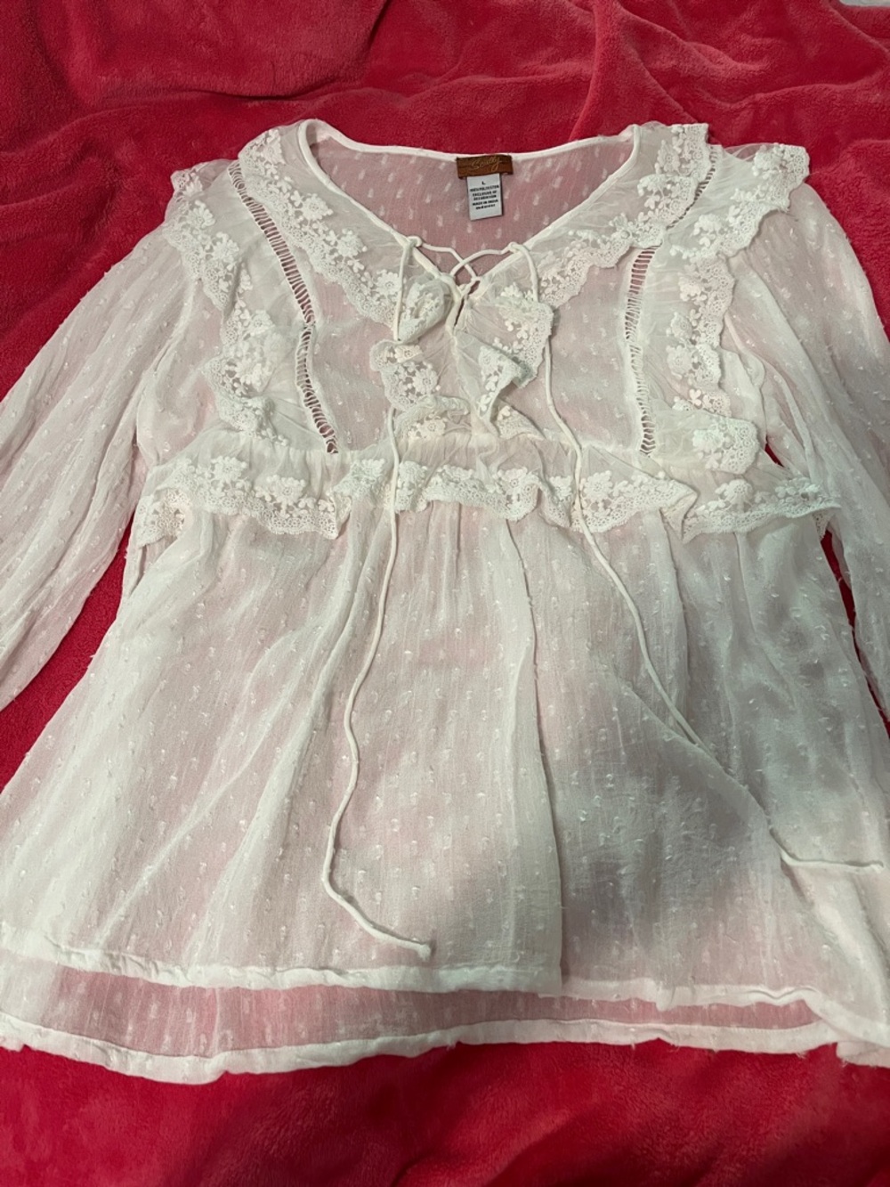 Scully White Lace-Trimmed Sheer Tie-Front Blouse